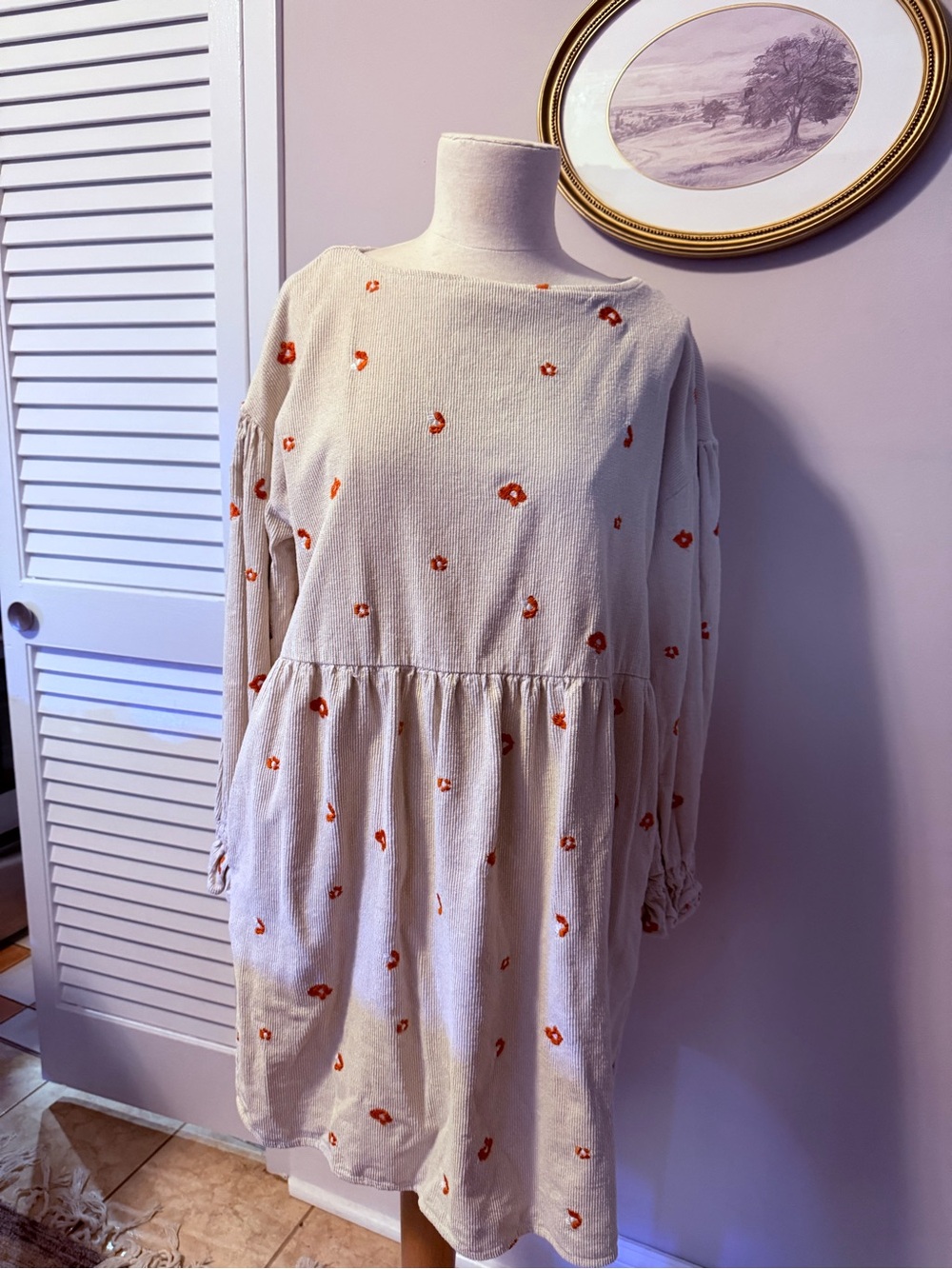 Native Youth Cream Corduroy Floral Babydoll Dress M